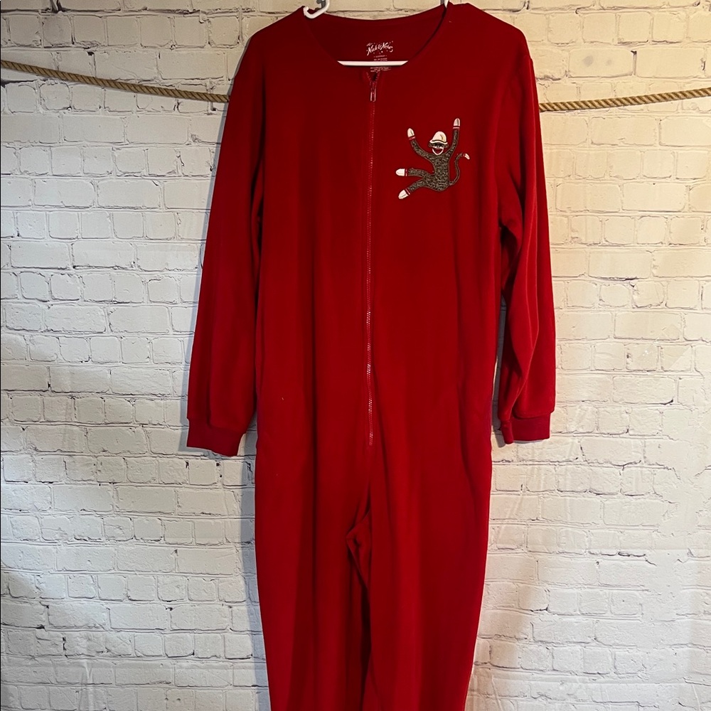 Large Nick & Nora Red Zip-Up Onesie with Sock Monkey Patch. Monkey feet. Fleece